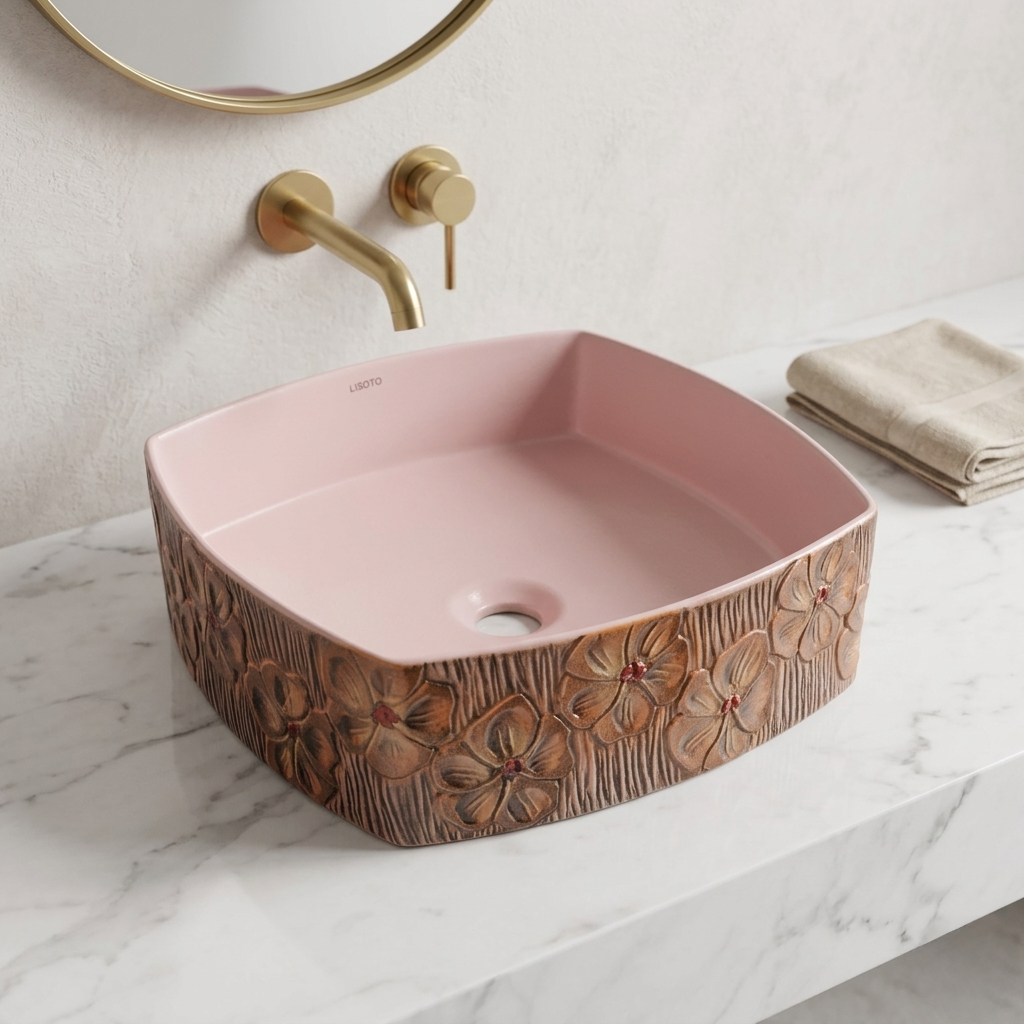 Table Top Wash Basin 16x16 Inch Blenza | Pink Ceramic Bathroom Sink | Designer Floral Countertop Basin