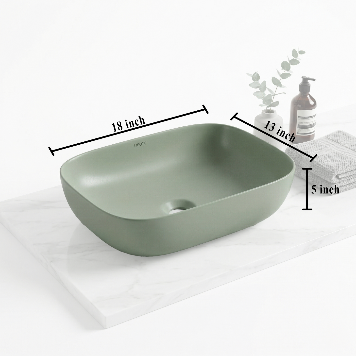 Green Matte Ceramic Table Top Wash Basin 18x13 Inch | Modern Bathroom Sink | Countertop Basin