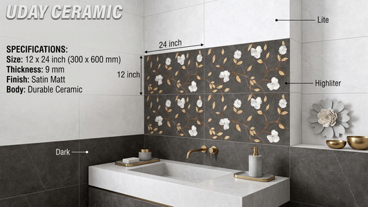 Ceramic Wall Tile 12x24 Inch (6010) | Black & White Designer Bathroom & Kitchen Wall Tiles | Satin Matt Finish | Indoor Tiles