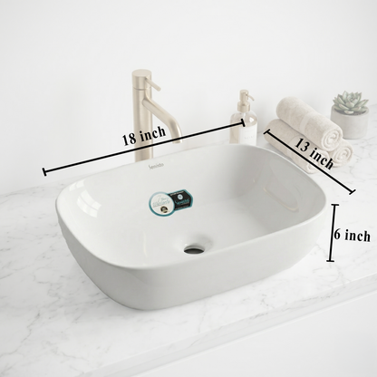 Table Top Wash Basin 18x13 Inch | White Ceramic Bathroom Basin| Glossy Finish | Modern Countertop Basin