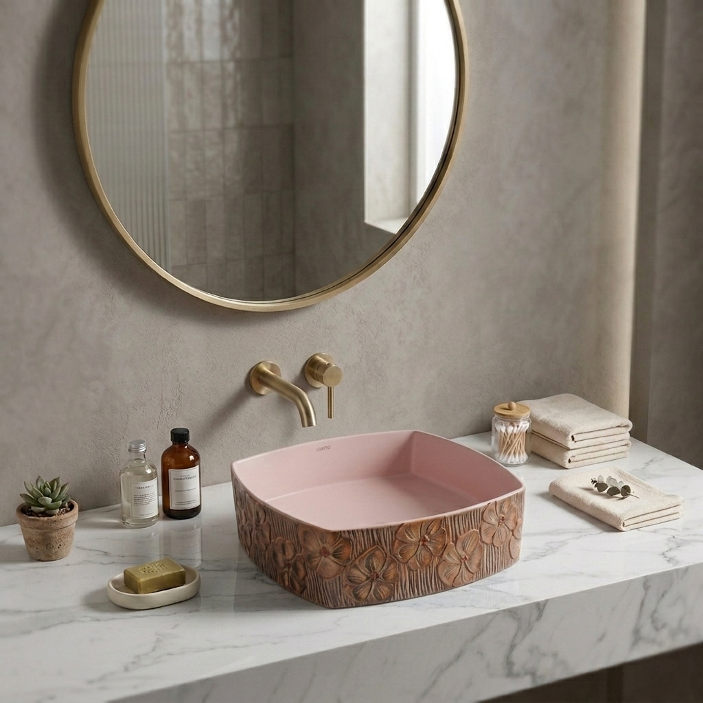 Table Top Wash Basin 16x16 Inch Blenza | Pink Ceramic Bathroom Sink | Designer Floral Countertop Basin