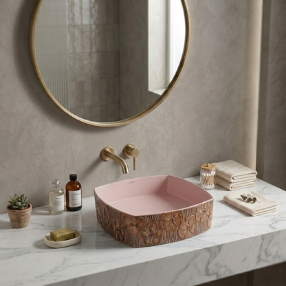 Table Top Wash Basin 16x16 Inch Blenza | Pink Ceramic Bathroom Sink | Designer Floral Countertop Basin