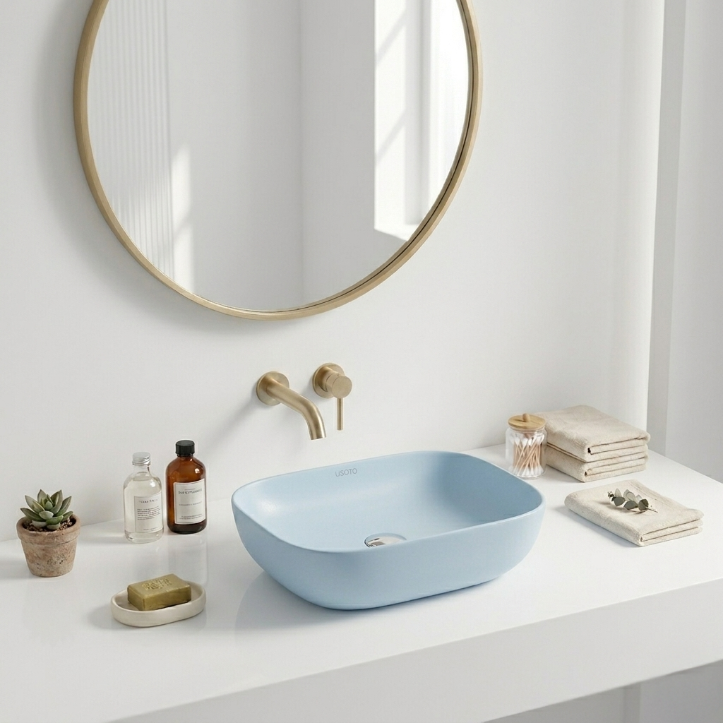 Blue Matt Ceramic Table Top Wash Basin 18x13 Inch | Modern Bathroom Sink | Countertop Basin