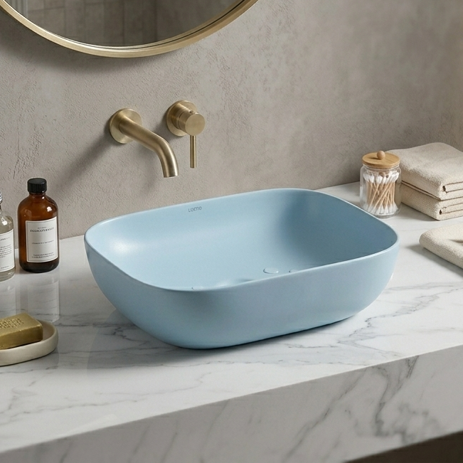 Blue Matt Ceramic Table Top Wash Basin 18x13 Inch | Modern Bathroom Sink | Countertop Basin