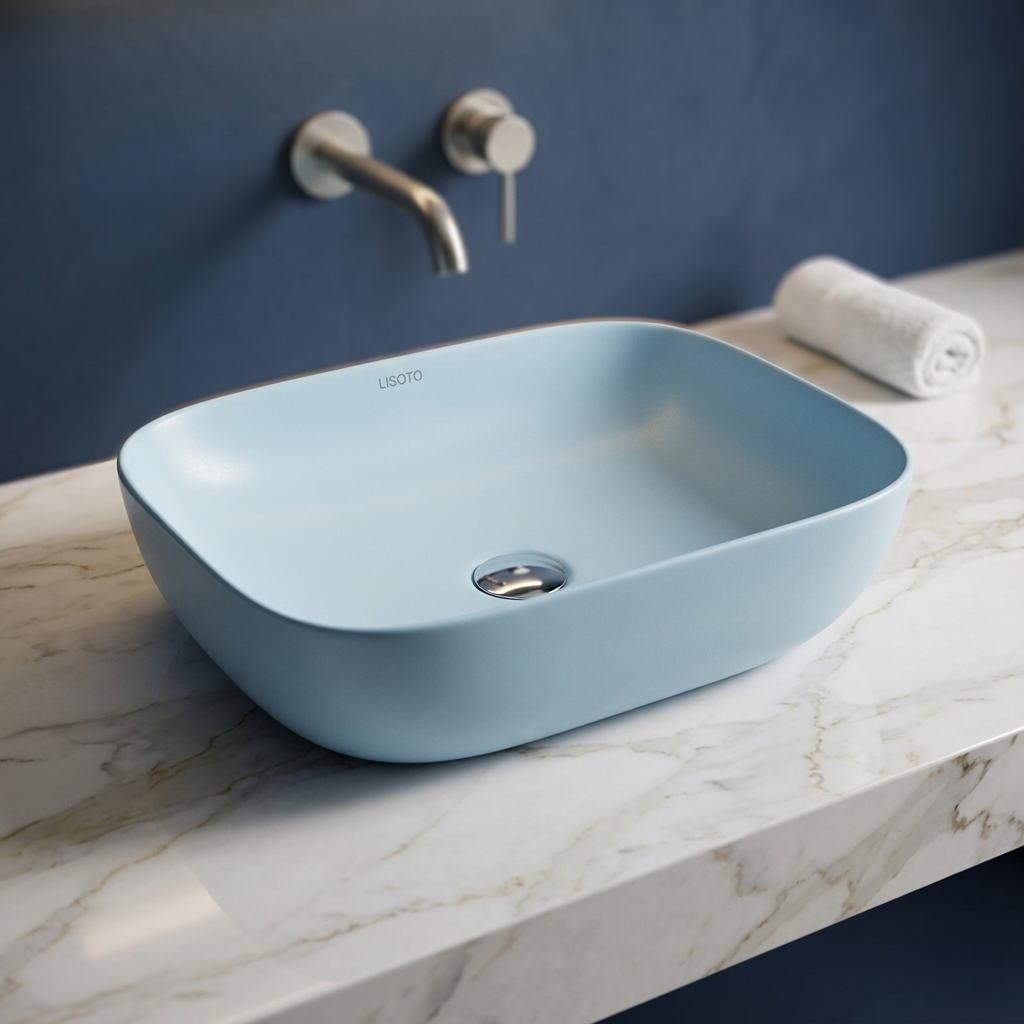 Blue Matt Ceramic Table Top Wash Basin 18x13 Inch | Modern Bathroom Sink | Countertop Basin