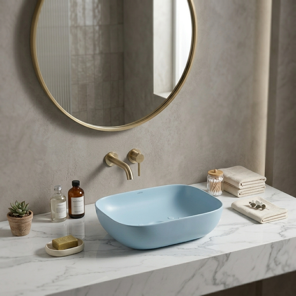 Blue Matt Ceramic Table Top Wash Basin 18x13 Inch | Modern Bathroom Sink | Countertop Basin