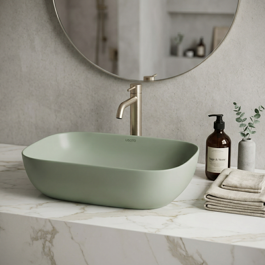 Green Matte Ceramic Table Top Wash Basin 18x13 Inch | Modern Bathroom Sink | Countertop Basin