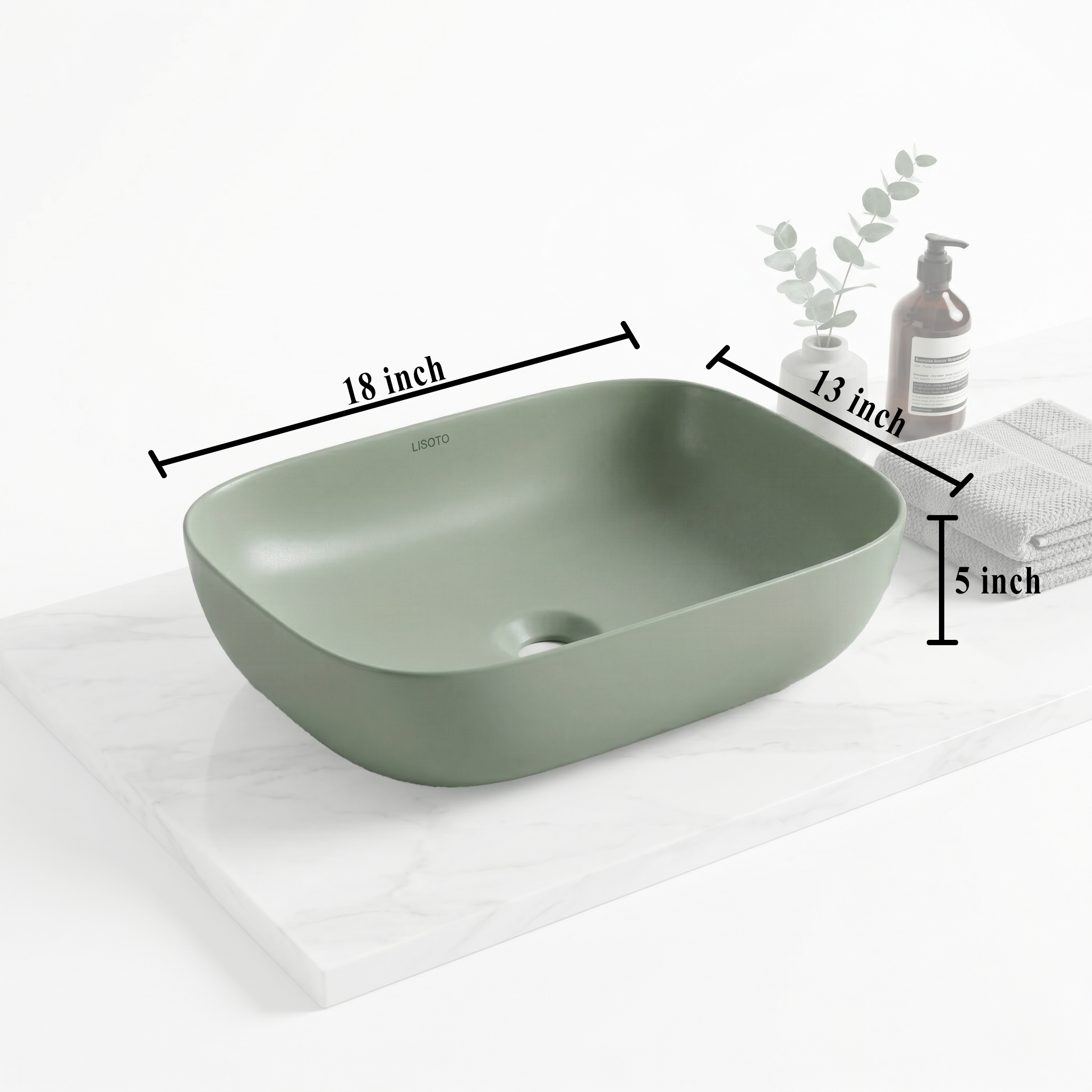 Green Matte Ceramic Table Top Wash Basin 18x13 Inch | Modern Bathroom Sink | Countertop Basin