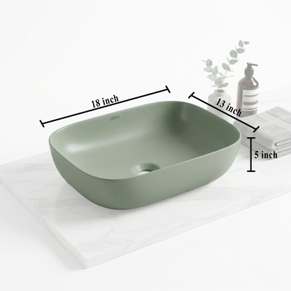Green Matte Ceramic Table Top Wash Basin 18x13 Inch | Modern Bathroom Sink | Countertop Basin
