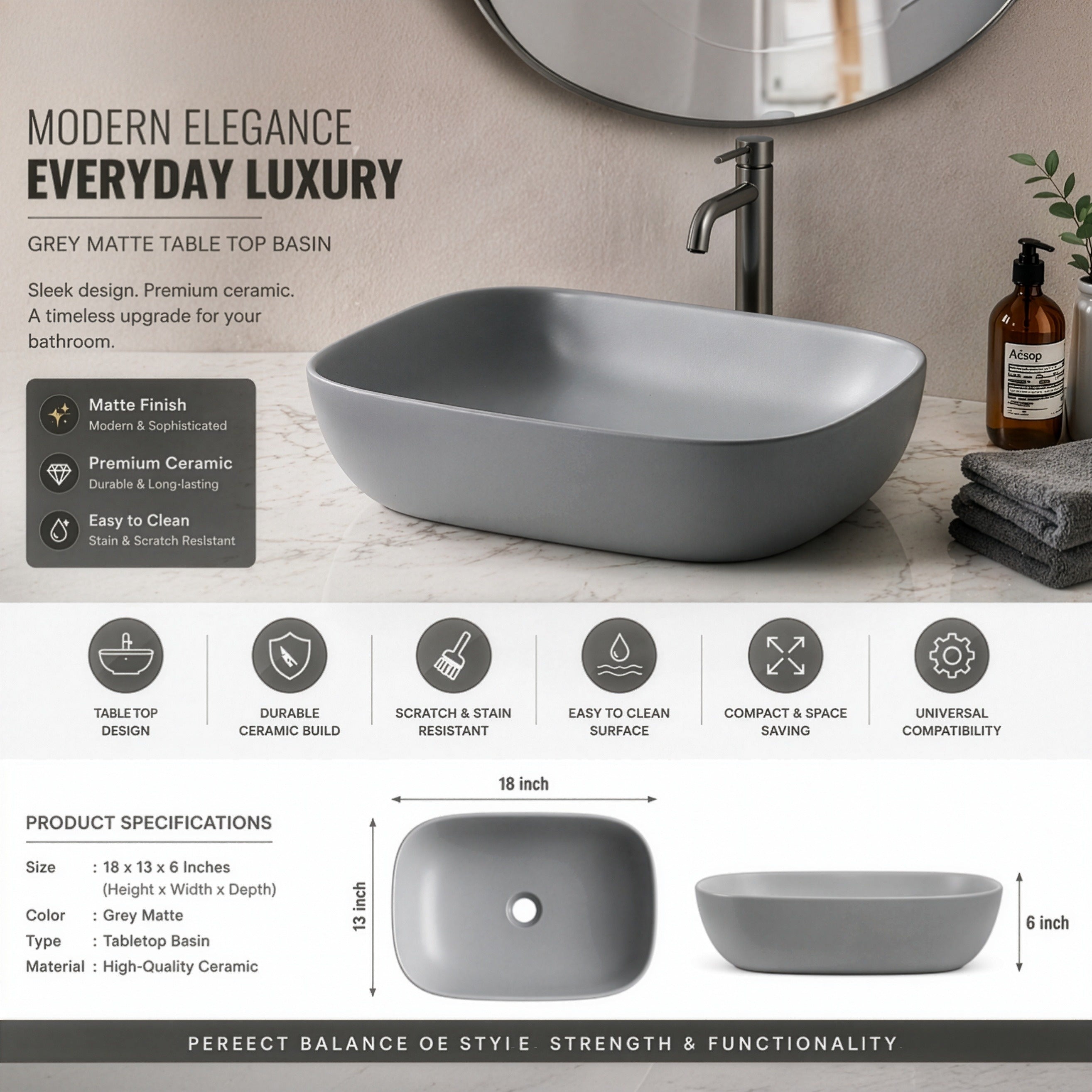 Gray matte table top basin with faucet and bathroom accessories on a countertop.