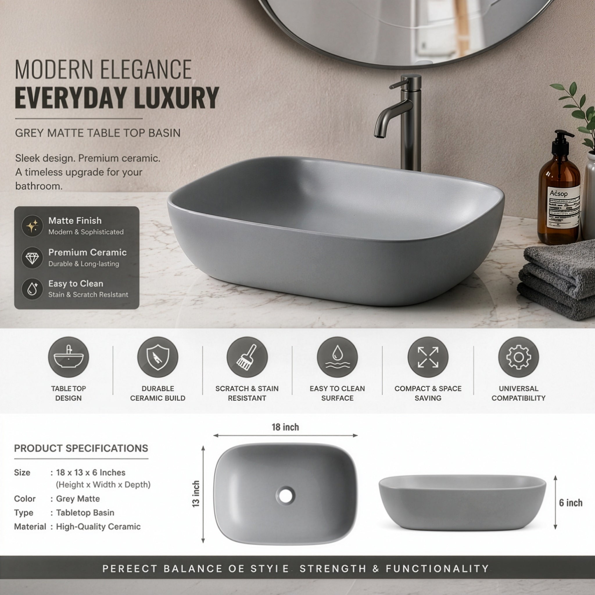 Gray matte table top basin with faucet and bathroom accessories on a countertop.