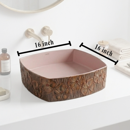 Table Top Wash Basin 16x16 Inch Blenza | Pink Ceramic Bathroom Sink | Designer Floral Countertop Basin