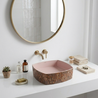 Table Top Wash Basin 16x16 Inch Blenza | Pink Ceramic Bathroom Sink | Designer Floral Countertop Basin