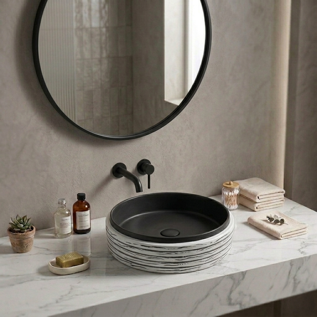 Matte Ceramic Countertop Wash Basin Black And White