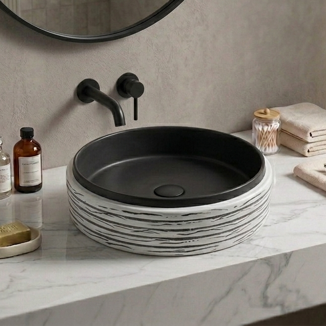 Matte Ceramic Countertop Wash Basin Black And White