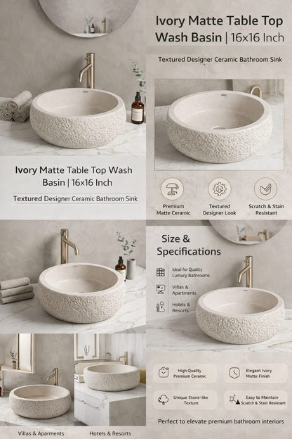 Ivory Matt Table Top Wash Basin 16x16 Inch | Textured Ceramic Bathroom Sink | Modern Countertop Vanity Basin