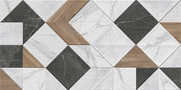 Geometric pattern of tiles in gray, white, and brown on a white background