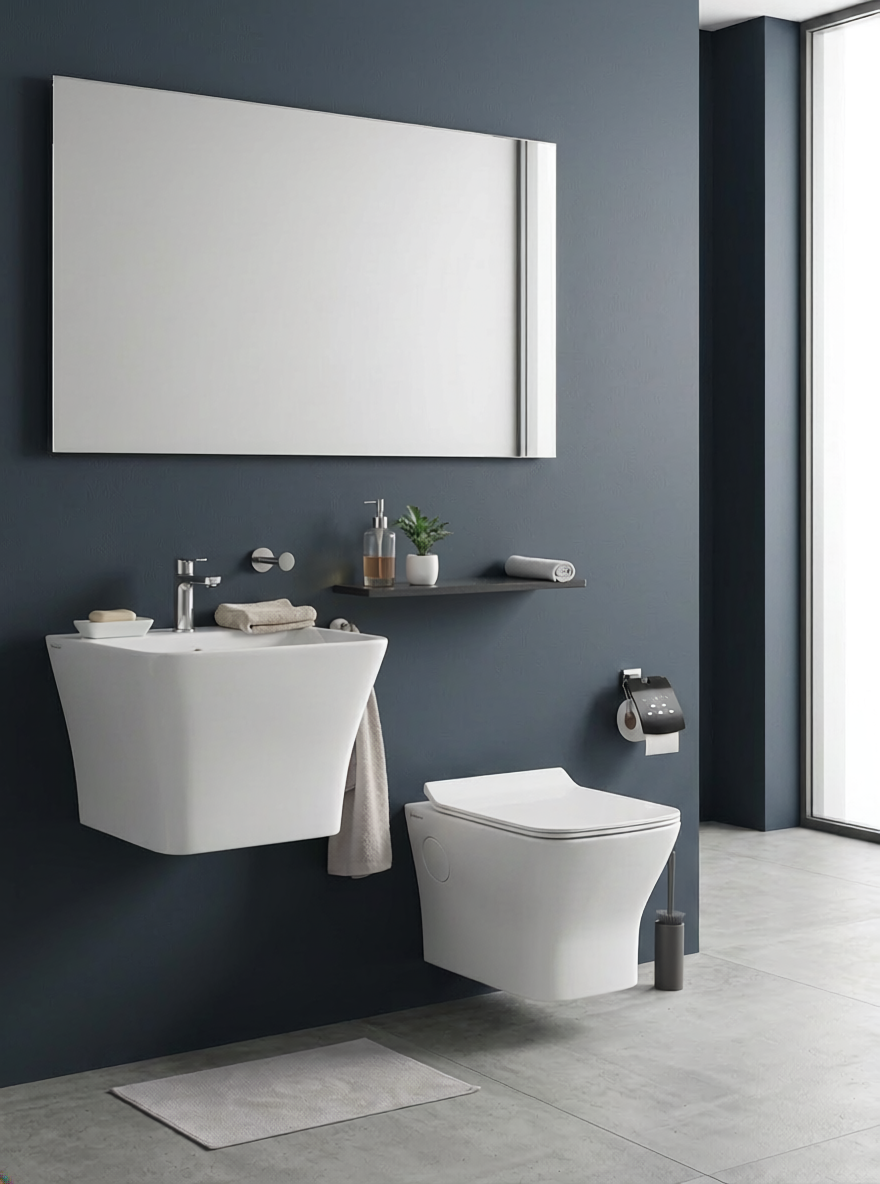 Modern bathroom with white wall-mounted sink and toilet .