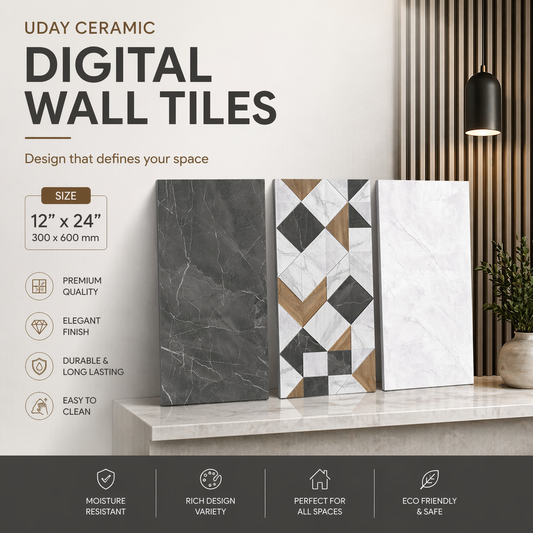 Uday Ceramic Digital Wall Tiles with geometric design on a modern interior background