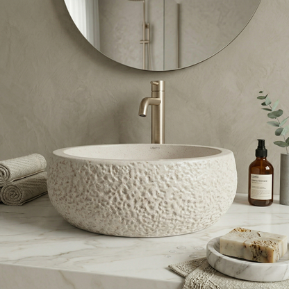 Ivory Matt Table Top Wash Basin 16x16 Inch | Textured Ceramic Bathroom Sink | Modern Countertop Vanity Basin