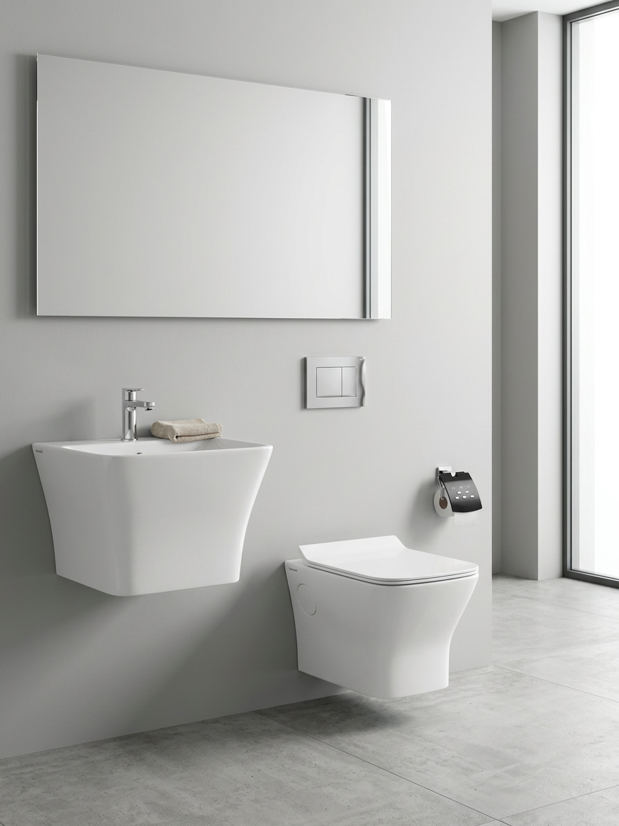 Modern bathroom with a white sink and toilet.