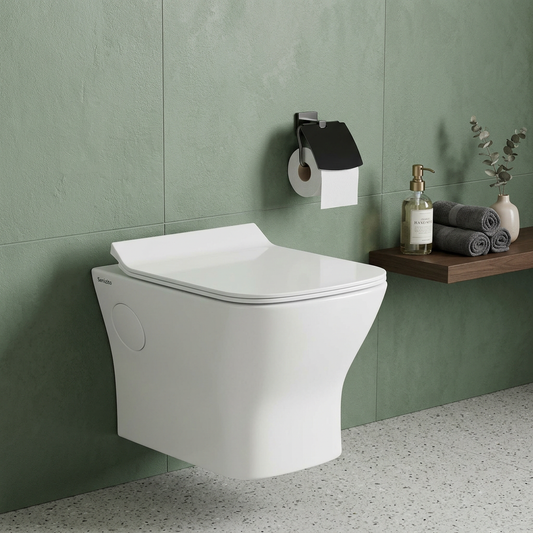 White wall-mounted toilet in a bathroom.